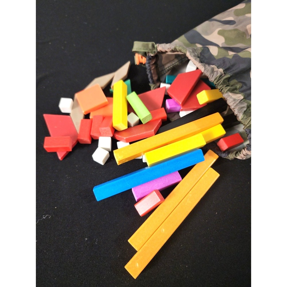 Mixed Lot of 78 Tangram pieces and 102 Cuisenaire rods in camo dino bag